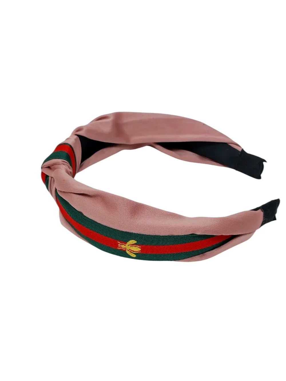 Luxe Satin Pink Knotted Stripe Headband with Embroidered Bee